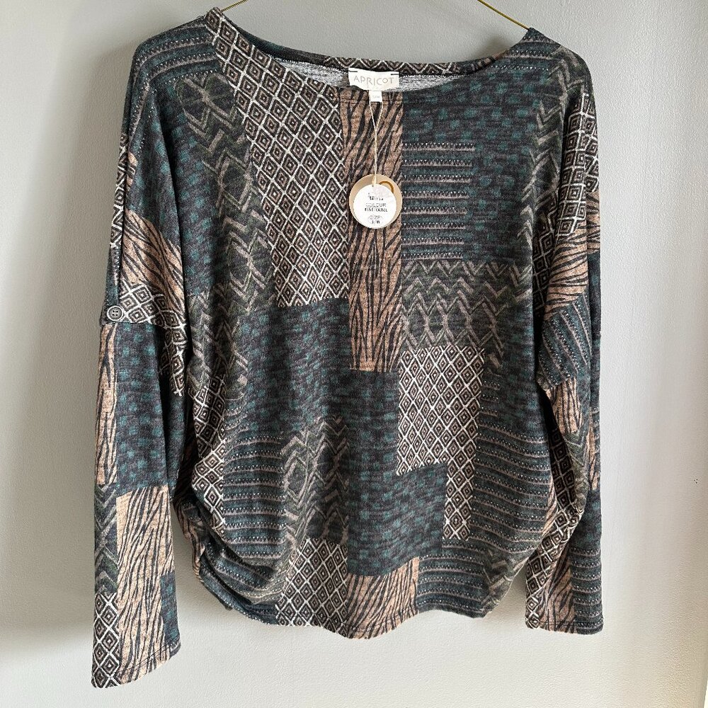 NWT APRICOT Patchwork Geometric Long Sleeve Blouse Top S/M